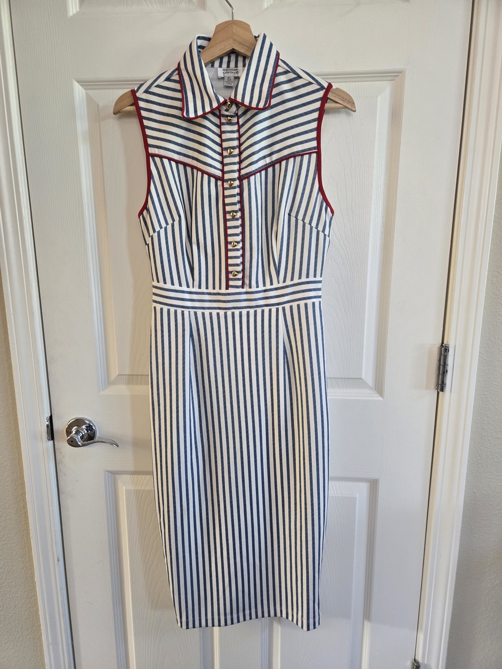 Unique Vintage Sleeveless Navy-Ivory Stretch Stripe Shirt Dress with Red Trim